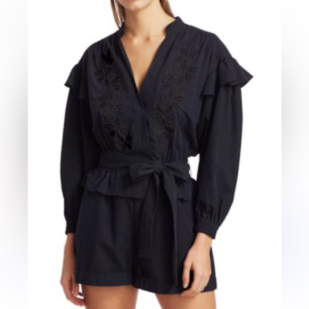 Patrizia Pepe Black Long Sleeve Romper with Embroidered Floral Detail and Belt